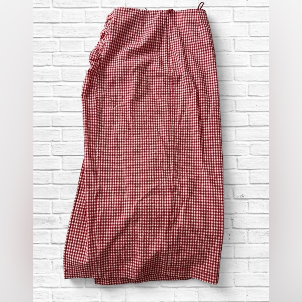 Zara Red & White Gingham Ruched Side-Slit Midi Skirt - Picture 6 of 7